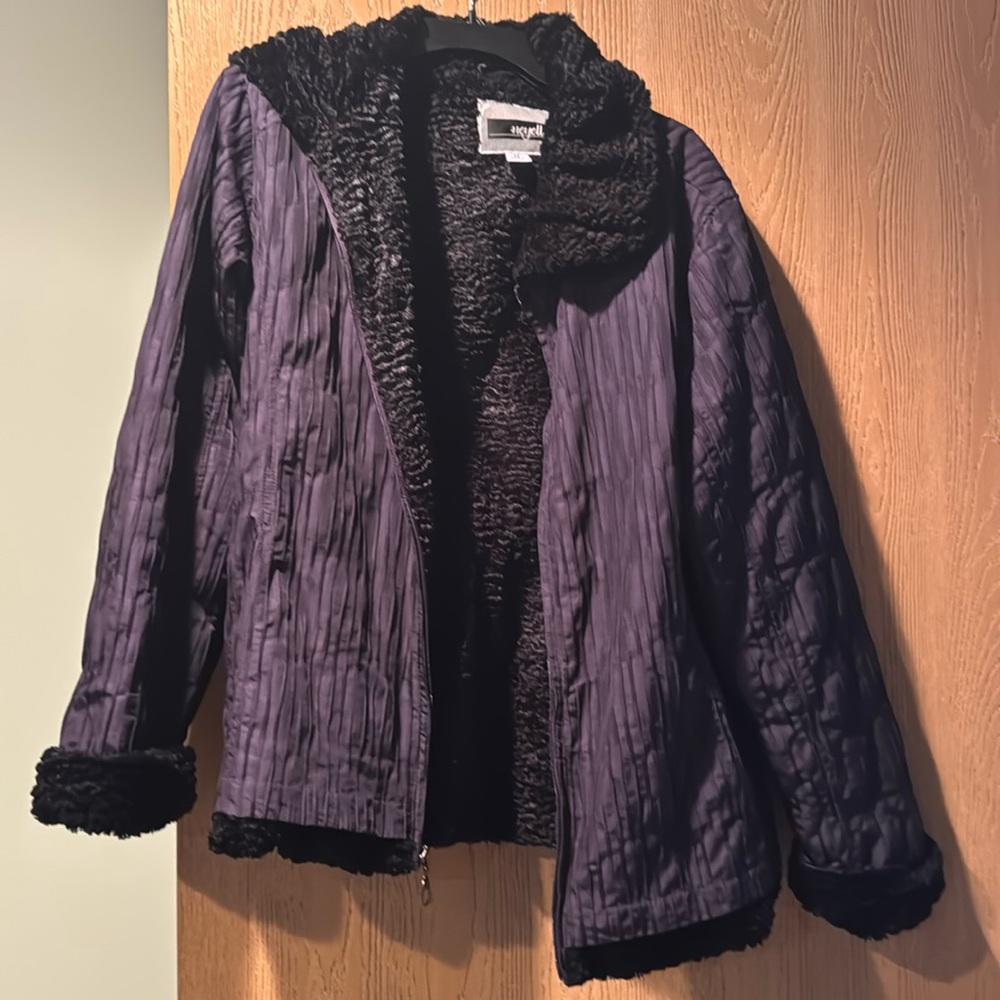 Cute and warm purple coat with fuzzy black lining